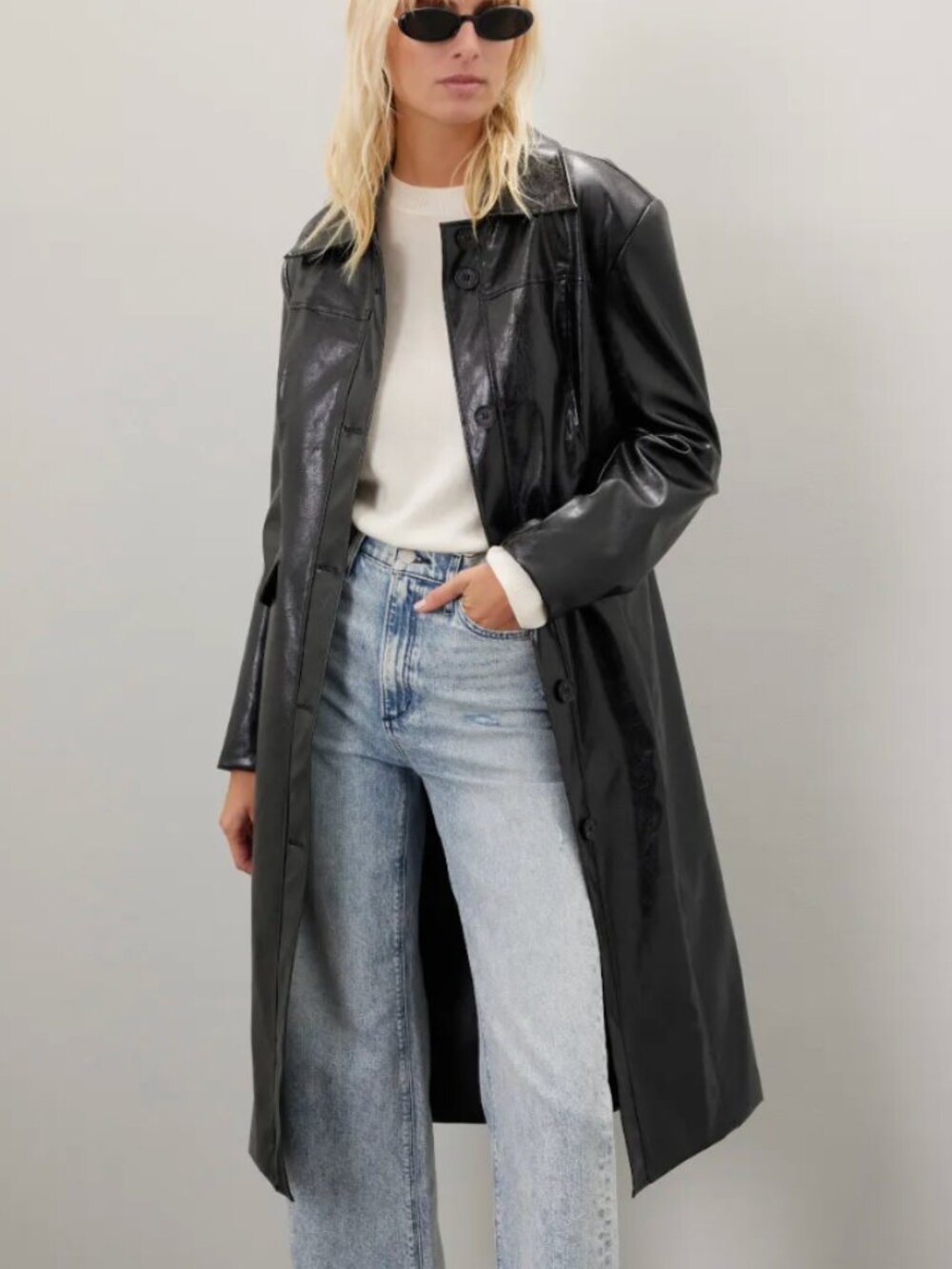 MOON RIVER Faux Leather Midi Coat Black Size Small